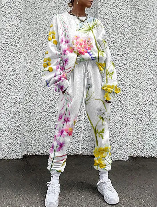 New Women's Streetwear Basic T Shirt Tracksuit Pants Sets Long Sleeve Crew Neck Floral Drawstring Print Vacation Casual Daily White Yellow Red Fall & Winter Loose Fit Women Two Piece Sets|Spring Tops