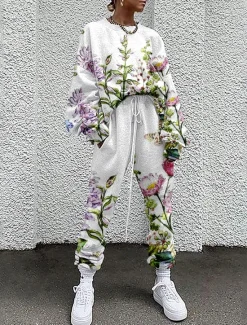 New Women's Streetwear Basic T Shirt Tracksuit Pants Sets Long Sleeve Crew Neck Floral Drawstring Print Vacation Casual Daily White Yellow Red Fall & Winter Loose Fit Women Two Piece Sets|Spring Tops
