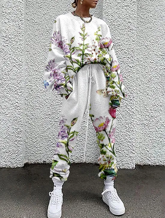 New Women's Streetwear Basic T Shirt Tracksuit Pants Sets Long Sleeve Crew Neck Floral Drawstring Print Vacation Casual Daily White Yellow Red Fall & Winter Loose Fit Women Two Piece Sets|Spring Tops