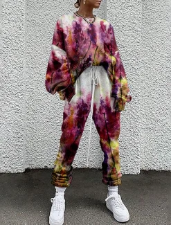 New Women's Streetwear Basic T Shirt Tracksuit Pants Sets Long Sleeve Crew Neck Floral Drawstring Print Vacation Casual Daily White Yellow Red Fall & Winter Loose Fit Women Two Piece Sets|Spring Tops