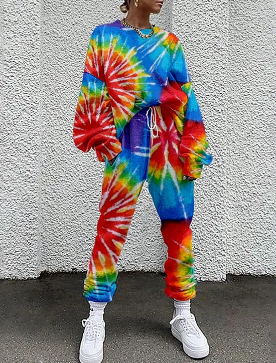 Women's Streetwear Basic T Shirt Tracksuit Pants Sets Long Sleeve Crew Neck Tie Dye Drawstring Print Vacation Casual Daily Red Blue Green Fall & Winter Loose Fit Women Two Piece Sets