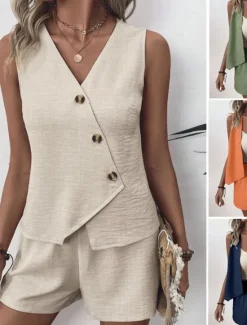 Outlet Women's Streetwear Daily Blouse Shorts Sets Sleeveless V Neck Solid Color Dubbele Rij Knopen Outdoor Vacation Light Green Dark Navy Orange Summer Regular Fit Women Two Piece Sets