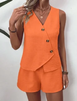 Outlet Women's Streetwear Daily Blouse Shorts Sets Sleeveless V Neck Solid Color Dubbele Rij Knopen Outdoor Vacation Light Green Dark Navy Orange Summer Regular Fit Women Two Piece Sets