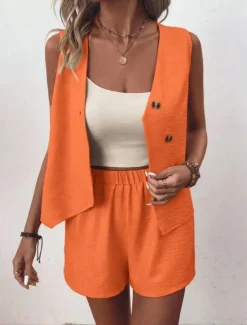 Outlet Women's Streetwear Daily Blouse Shorts Sets Sleeveless V Neck Solid Color Dubbele Rij Knopen Outdoor Vacation Light Green Dark Navy Orange Summer Regular Fit Women Two Piece Sets