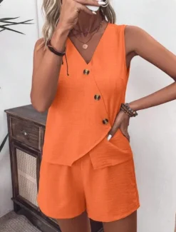 Outlet Women's Streetwear Daily Blouse Shorts Sets Sleeveless V Neck Solid Color Dubbele Rij Knopen Outdoor Vacation Light Green Dark Navy Orange Summer Regular Fit Women Two Piece Sets