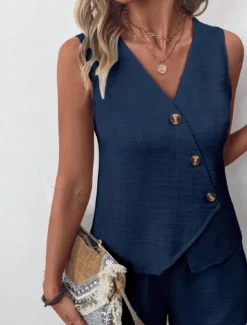 Outlet Women's Streetwear Daily Blouse Shorts Sets Sleeveless V Neck Solid Color Dubbele Rij Knopen Outdoor Vacation Light Green Dark Navy Orange Summer Regular Fit Women Two Piece Sets