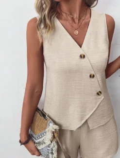 Outlet Women's Streetwear Daily Blouse Shorts Sets Sleeveless V Neck Solid Color Dubbele Rij Knopen Outdoor Vacation Light Green Dark Navy Orange Summer Regular Fit Women Two Piece Sets