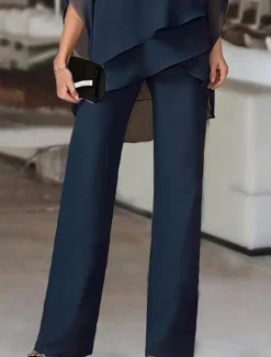 Online Women's Streetwear Daily Shirt Pants Sets Wide Leg Pants Trousers Jumpsuit Short Sleeve One Shoulder Solid Color Casual Daily White Dark Navy Blue Fall & Winter Regular Fit Women Two Piece Sets