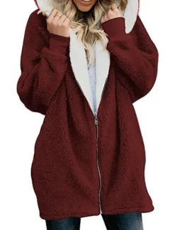 Outlet Women's Streetwear Oversized Sherpa Fleece Zipper Maroon Denim Blue Black Solid Color Casual Long Sleeve Fleece S M L XL XXL 3XL / Fleece lined Women Hoodies & Sweatshirts