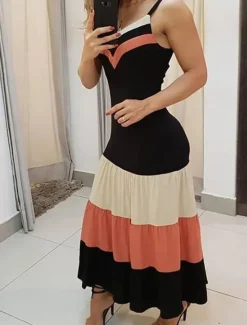 Discount Women's Stripe Strap Maxi Dress Sleeveless Spring Women Cocktail Dress