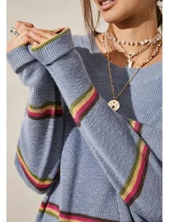 Online Women's Striped Sweater Set Crew Neck Knit Knitted Fall Winter Work Streetwear Casual Long Sleeve Striped Blue Green Women Sweater Co-Ords