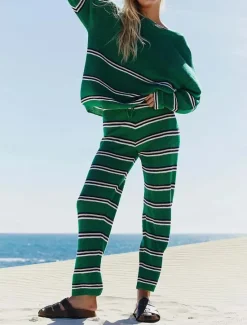Online Women's Striped Sweater Set Crew Neck Knit Knitted Fall Winter Work Streetwear Casual Long Sleeve Striped Blue Green Women Sweater Co-Ords