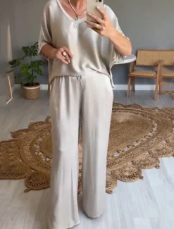 Online Women's Stylish T Shirt Wide Leg Pants 3/4 Length Sleeve V Neck Plain Holiday Weekend Silver Black Pink Summer Regular Fit Women Two Piece Sets