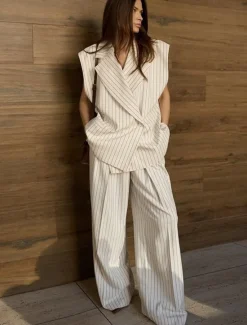 New Women's Suit Vest Pants Sets Elegant Vintage Fashion Sleeveless Notch lapel collar Striped Formal Work Casual Summer Regular Fit Women Two Piece Sets