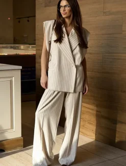 New Women's Suit Vest Pants Sets Elegant Vintage Fashion Sleeveless Notch lapel collar Striped Formal Work Casual Summer Regular Fit Women Two Piece Sets