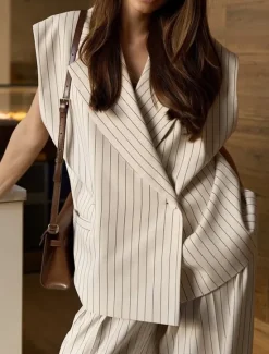 New Women's Suit Vest Pants Sets Elegant Vintage Fashion Sleeveless Notch lapel collar Striped Formal Work Casual Summer Regular Fit Women Two Piece Sets
