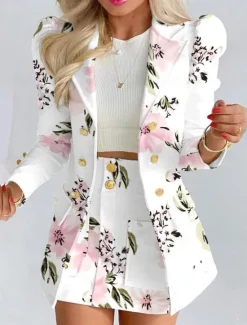 New Women's Suits Blazer Comfortable Breathable Pocket Print Fashion Casual Floral Office Street Casual Daily Wear Single Breasted Short Turndown Regular Fit Long Sleeve Outerwear Black White Yellow Women Blazers & Suits