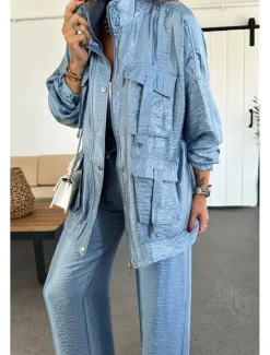 Online Women's Suits Comfortable Drawstring Pocket Full Zip Sports Fashion Daily Retro Plain School Vacation Home Office Cardigan Regular Stand Collar Loose Fit Long Sleeve Outerwear Silver Lake blue Black Women Two Piece Sets|Blazers & Suits