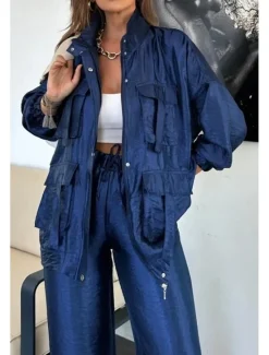 Online Women's Suits Comfortable Drawstring Pocket Full Zip Sports Fashion Daily Retro Plain School Vacation Home Office Cardigan Regular Stand Collar Loose Fit Long Sleeve Outerwear Silver Lake blue Black Women Two Piece Sets|Blazers & Suits