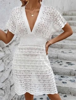 Hot Women's Summer Beach Dress Cut Out Beach Wear Holiday Short Sleeves Black White Khaki Color Women Cover Up