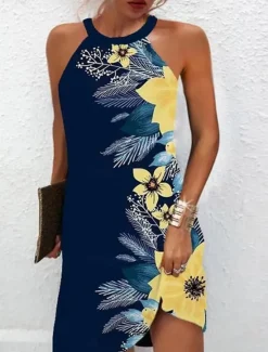 Women's Summer Dress Halter Neck Dress Print Dress Active Fashion Streetwear Outdoor Vacation Daily Regular Fit Paisley Sleeveless Halter Neck Yellow Royal Blue Blue Dark Blue Summer Spring Women Spring Dresses|Floral Dresses