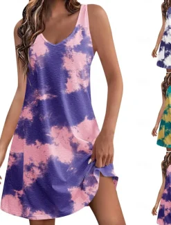 Best Women's Summer Dress Sleeveless Tie-Dye V-Neck Mini Casual Blue White Stretch Beachwear Relaxed Fit Easy Wear Various Sizes Women Sundresses