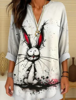 New Women's Summer Tops Long Sleeve Tunic Graphic Animal Vintage Tropical Hawaiian Long Sleeve V Neck Regular Tops Daily Holiday Beach Wear Print Pink Red Blue Purple Green Summer Spring Women Blouses & Shirts