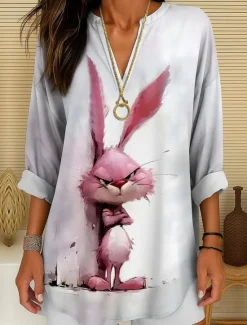 New Women's Summer Tops Long Sleeve Tunic Graphic Animal Vintage Tropical Hawaiian Long Sleeve V Neck Regular Tops Daily Holiday Beach Wear Print Pink Red Blue Purple Green Summer Spring Women Blouses & Shirts