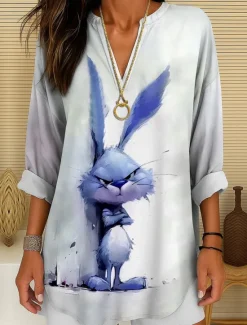 New Women's Summer Tops Long Sleeve Tunic Graphic Animal Vintage Tropical Hawaiian Long Sleeve V Neck Regular Tops Daily Holiday Beach Wear Print Pink Red Blue Purple Green Summer Spring Women Blouses & Shirts