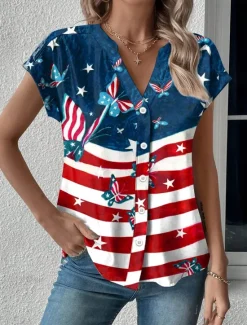 Sale Women's Summer Tops Patriotic Blouse Graphic Flag Daily Red White And Blue Short Sleeve V Neck Regular Tops Daily Buttons Print Blue Summer Women Independence Day Top