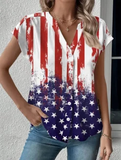 Sale Women's Summer Tops Patriotic Blouse Graphic Flag Daily Red White And Blue Short Sleeve V Neck Regular Tops Daily Buttons Print Blue Summer Women Independence Day Top