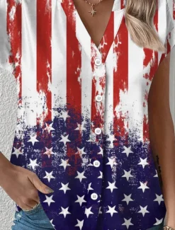Sale Women's Summer Tops Patriotic Blouse Graphic Flag Daily Red White And Blue Short Sleeve V Neck Regular Tops Daily Buttons Print Blue Summer Women Independence Day Top