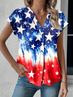 Sale Women's Summer Tops Patriotic Blouse Graphic Flag Daily Red White And Blue Short Sleeve V Neck Regular Tops Daily Buttons Print Blue Summer Women Independence Day Top