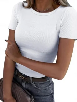 Outlet Women's Summer Tops Solid Color Stylish Basic Casual Short Sleeve Crew Neck Regular Tops Daily White Pink Blue Gray Summer Spring Women T-Shirts