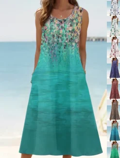 Hot Women's Sundress Tank Dress Summer Dress Print Dress Active Fashion Hawaiian Vacation Holiday Beach Loose Fit Sleeveless Crew Neck Aqua Blue Cream Wine Red Summer Spring Women Floral Dresses