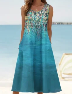 Hot Women's Sundress Tank Dress Summer Dress Print Dress Active Fashion Hawaiian Vacation Holiday Beach Loose Fit Sleeveless Crew Neck Aqua Blue Cream Wine Red Summer Spring Women Floral Dresses