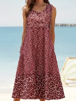 Hot Women's Sundress Tank Dress Summer Dress Print Dress Active Fashion Hawaiian Vacation Holiday Beach Loose Fit Sleeveless Crew Neck Aqua Blue Cream Wine Red Summer Spring Women Floral Dresses