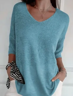 Discount Women's Sweater Basic Casual Soft Solid Color Ribbed V Neck Knitted Long Sleeve Regular Tops Knit Outdoor Daily Weekend Blue Orange Spring Fall Women Pullovers & Tops