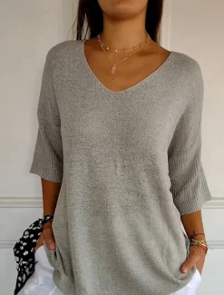 Discount Women's Sweater Basic Casual Soft Solid Color Ribbed V Neck Knitted Long Sleeve Regular Tops Knit Outdoor Daily Weekend Blue Orange Spring Fall Women Pullovers & Tops