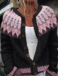 Women's Sweater Cardigan Casual Soft Floral Ribbed Crew Neck Buttons Pocket Knitted Long Sleeve Regular Tops Knit Outdoor Daily Weekend Black White Fall Winter Women Cardigans & Outerwears