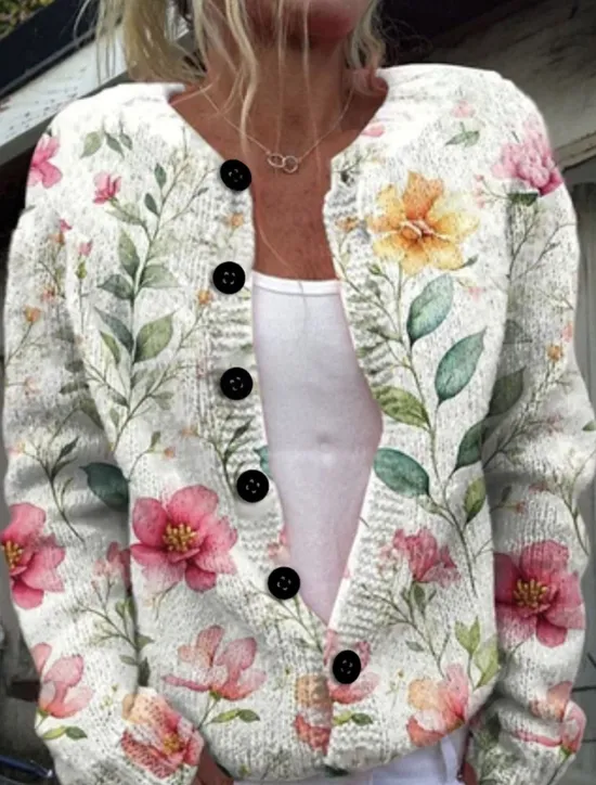 Women's Sweater Cardigan Casual Soft Floral Ribbed Crew Neck Buttons Pocket Knitted Long Sleeve Regular Tops Knit Outdoor Daily Weekend Black White Fall Winter Women Cardigans & Outerwears