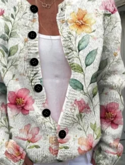 Women's Sweater Cardigan Casual Soft Floral Ribbed Crew Neck Buttons Pocket Knitted Long Sleeve Regular Tops Knit Outdoor Daily Weekend Black White Fall Winter Women Cardigans & Outerwears