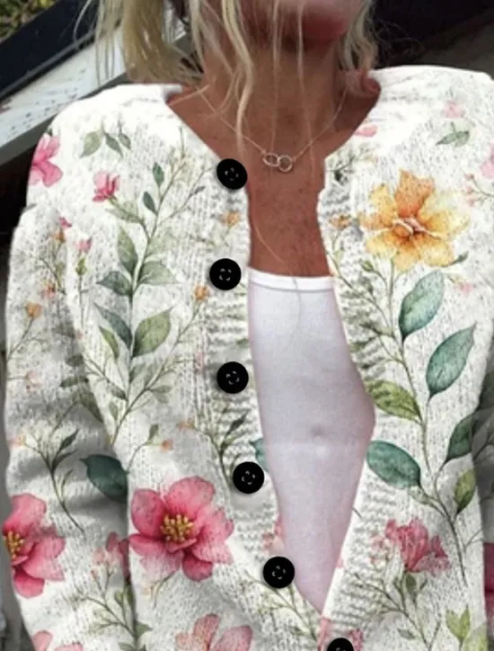 Women's Sweater Cardigan Casual Soft Floral Ribbed Crew Neck Buttons Pocket Knitted Long Sleeve Regular Tops Knit Outdoor Daily Weekend Black White Fall Winter Women Cardigans & Outerwears