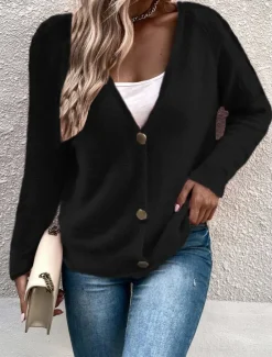 Outlet Women's Sweater Cardigan Casual Soft Pure Color Ribbed V Neck Buttons Knitted Long Sleeve Regular Tops Knit Outdoor Daily Weekend Black Pink Fall Winter Women Cardigans & Outerwears