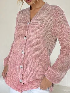 Online Women's Sweater Cardigan Casual Soft Pure Color Ribbed V Neck Buttons Pocket Knitted Long Sleeve Long Tops Knit Outdoor Daily Weekend Pink Blue Fall Winter Women Cardigans & Outerwears