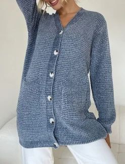 Online Women's Sweater Cardigan Casual Soft Pure Color Ribbed V Neck Buttons Pocket Knitted Long Sleeve Long Tops Knit Outdoor Daily Weekend Pink Blue Fall Winter Women Cardigans & Outerwears