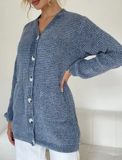 Online Women's Sweater Cardigan Casual Soft Pure Color Ribbed V Neck Buttons Pocket Knitted Long Sleeve Long Tops Knit Outdoor Daily Weekend Pink Blue Fall Winter Women Cardigans & Outerwears