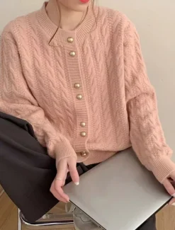 Women's Sweater Cardigan Casual Soft Pure Color Cable Crew Neck Buttons Knitted Long Sleeve Regular Tops Knit Outdoor Daily Weekend White Pink Fall Winter Women Cardigans & Outerwears|Pullovers & Tops