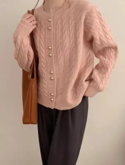 Women's Sweater Cardigan Casual Soft Pure Color Cable Crew Neck Buttons Knitted Long Sleeve Regular Tops Knit Outdoor Daily Weekend White Pink Fall Winter Women Cardigans & Outerwears|Pullovers & Tops
