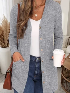 Best Women's Sweater Cardigan Casual Soft Pure Color Ribbed V Neck Buttons Pocket Knitted Long Sleeve Regular Tops Knit Outdoor Daily Weekend Dusty Rose Khaki Fall Winter Women Cardigans & Outerwears